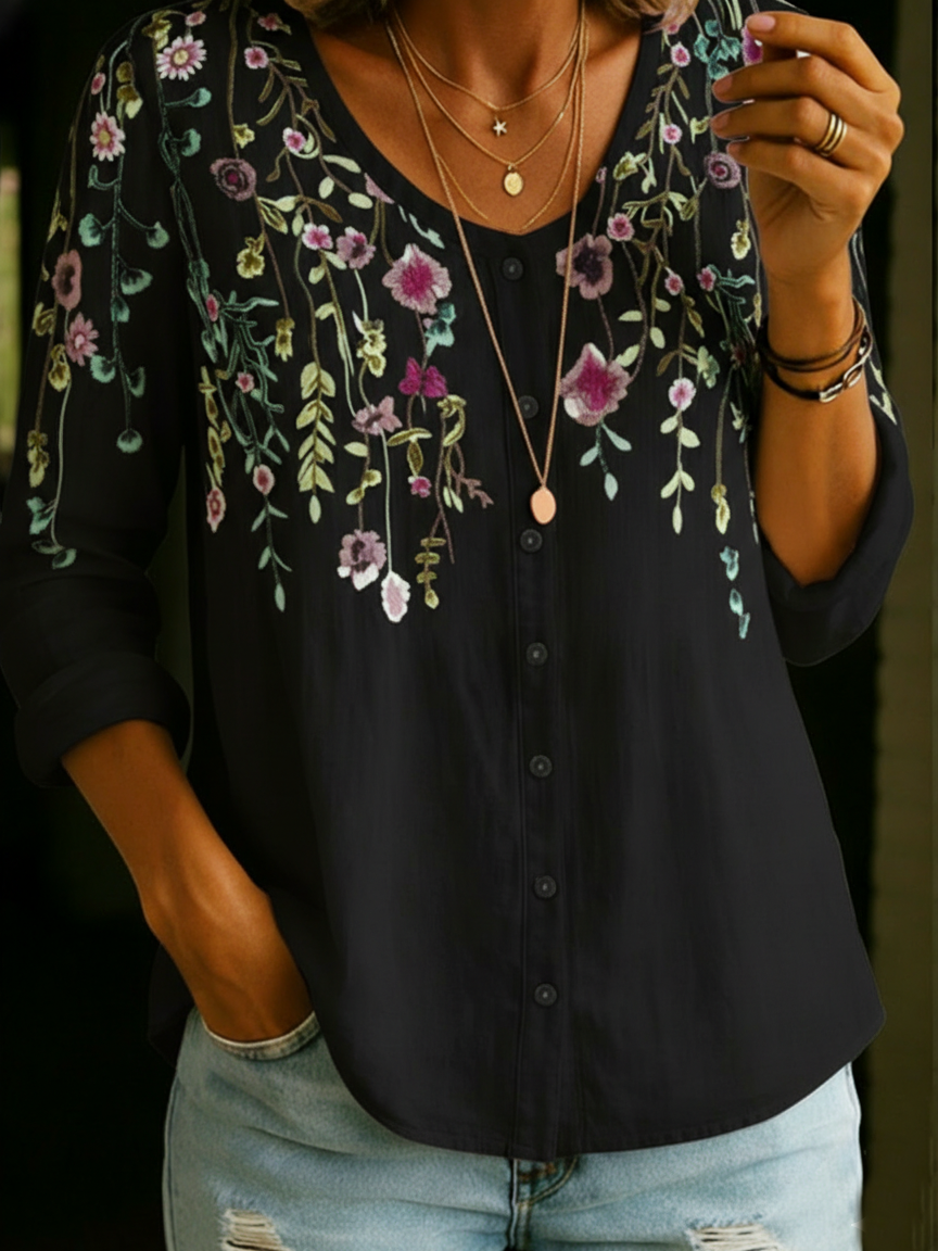 Vintage Bouquet Waterfall Cotton Linen Shirt Blouse