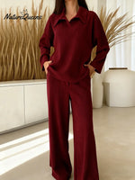 Women's Solid Color Collared Long-sleeved Casual Loose Top With Elastic Waist And Wide-leg Pants Set