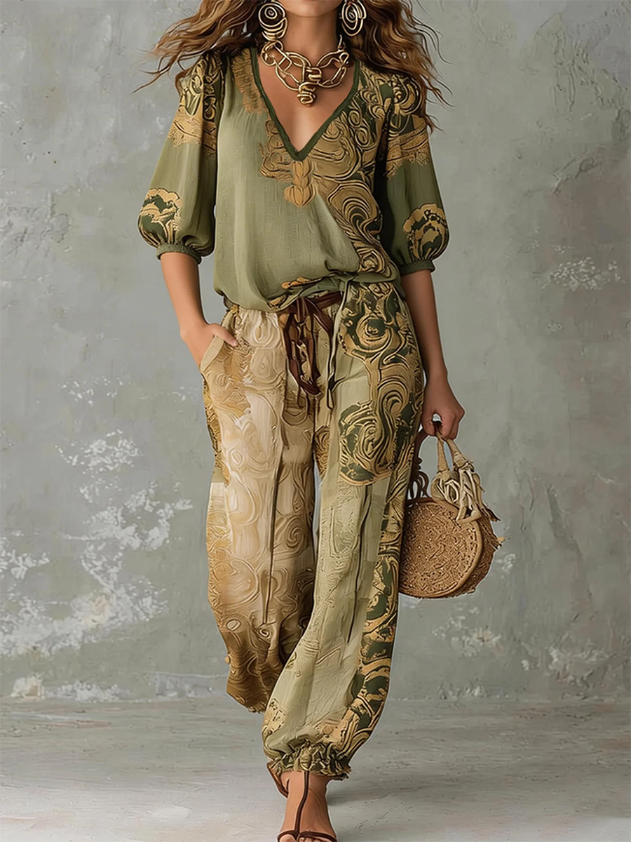 Bohemian Retro Vacation-style Printed V-neck Shirt