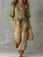 Bohemian Retro Vacation-style Printed V-neck Shirt