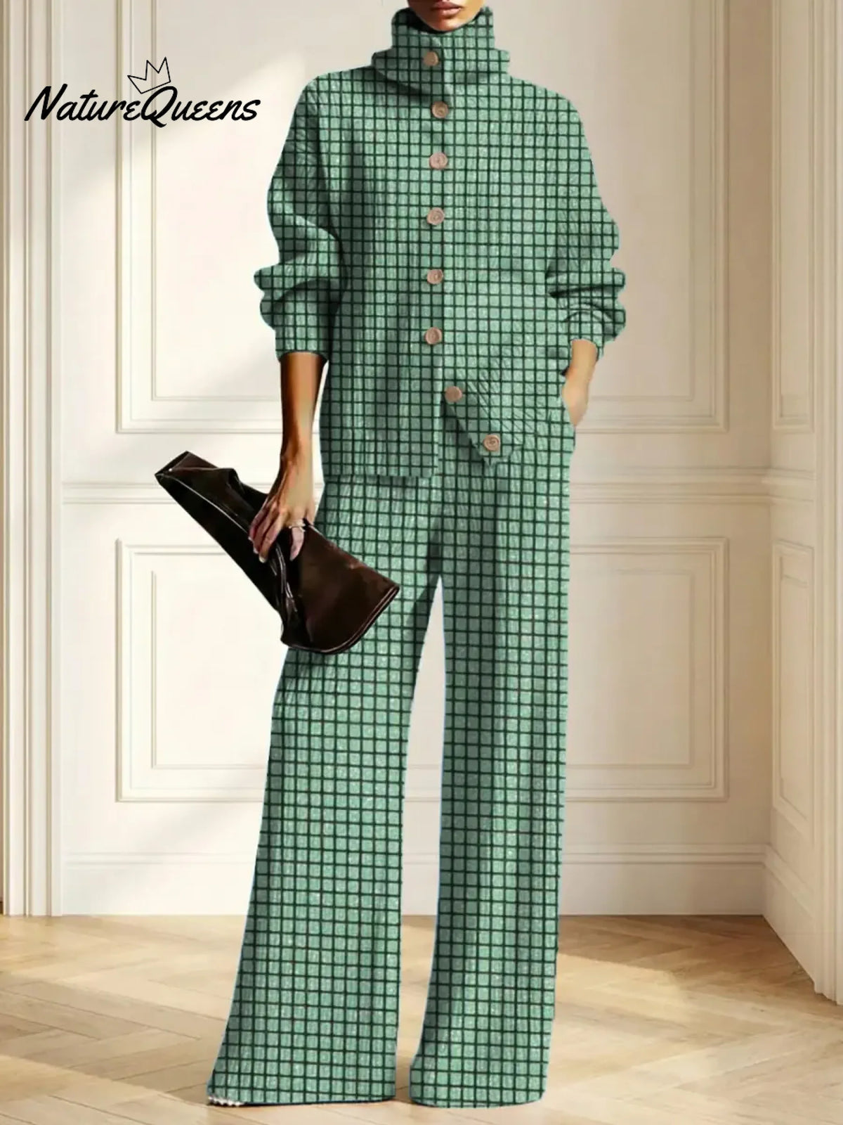 Women's Plaid Pattern Art Print Casual Cotton Knitted Suits