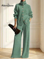 Women's Plaid Pattern Art Print Casual Cotton Knitted Suits