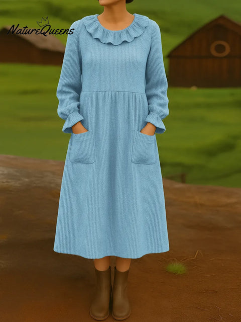 Women's Solid Color Round Neck Ruffled Long Sleeve Casual Loose Pocket Knit Dress