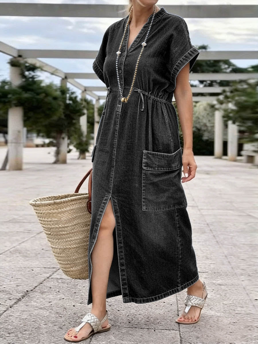 Women's V-neck Short-sleeved Drawstring Casual Loose Denim Dress