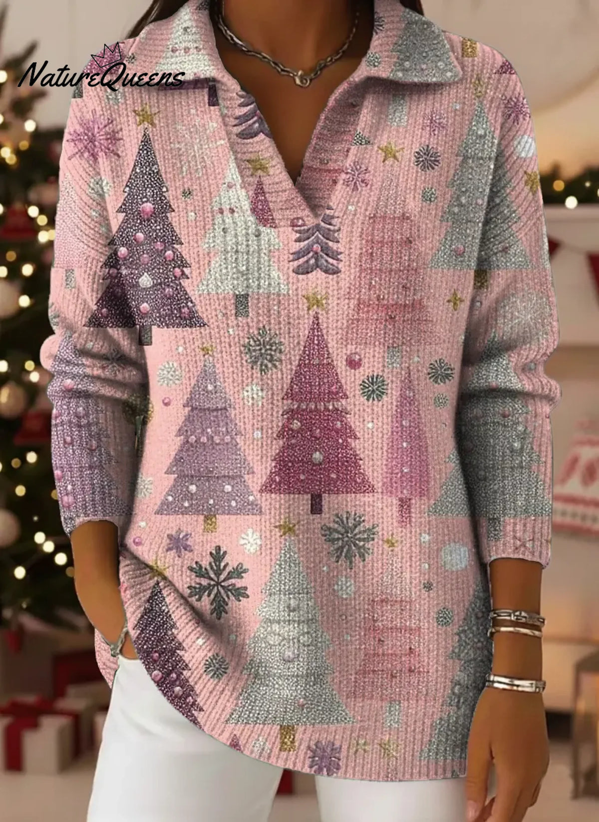 Shiny Christmas Print Lapel Casual Knit Sweater