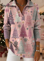 Shiny Christmas Print Lapel Casual Knit Sweater