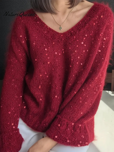 Dreamy Winter V-neck Loose Sequined Sweater Top