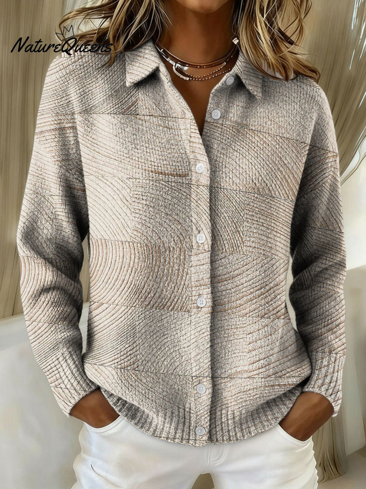 Women's Wood Grain Decorative Pattern Casual Shirt Collar Long Sleeve Sweater