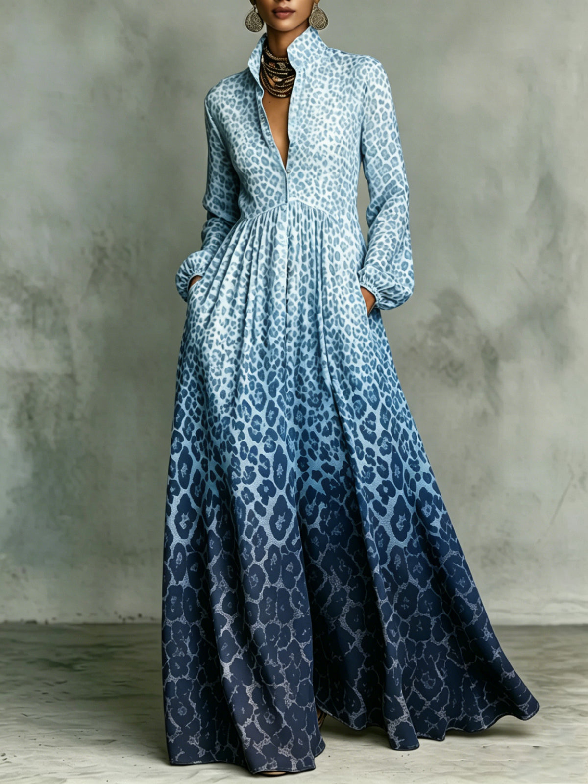 Gradient Leopard Print Stand Collar Button-down Maxi Shirt Dress