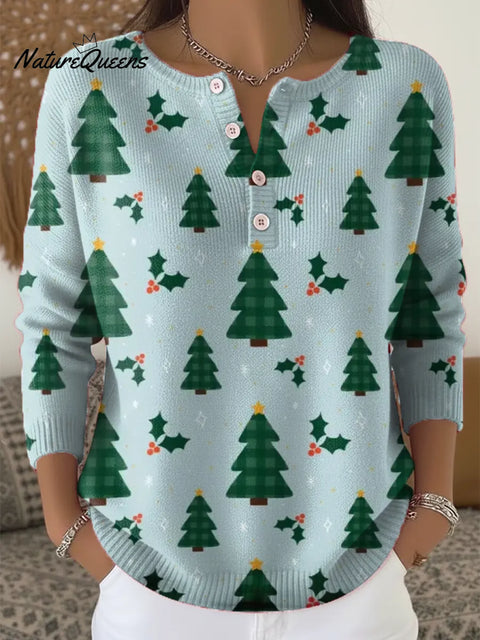 Women's Christmas Tree Art Print Casual Buttoned Cardigan Sweater