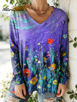 Women's Lovely Floral Flowers Pattern Art Print V-neck Casual Cotton T-shirt