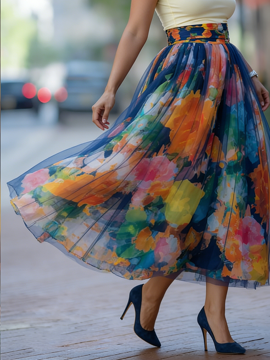 Artistic Watercolor Print Mesh-paneled Skirt