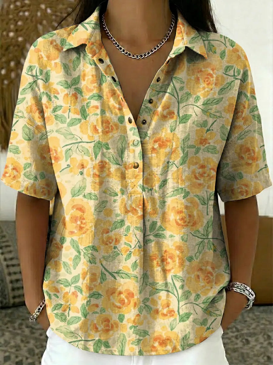 Women's Vintage Floral Pattern Art Print Casual Cotton Linen Shirt