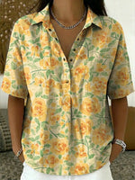 Women's Vintage Floral Pattern Art Print Casual Cotton Linen Shirt