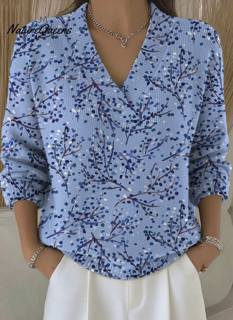 Blue Flowers Art Print V-Neck Sweater