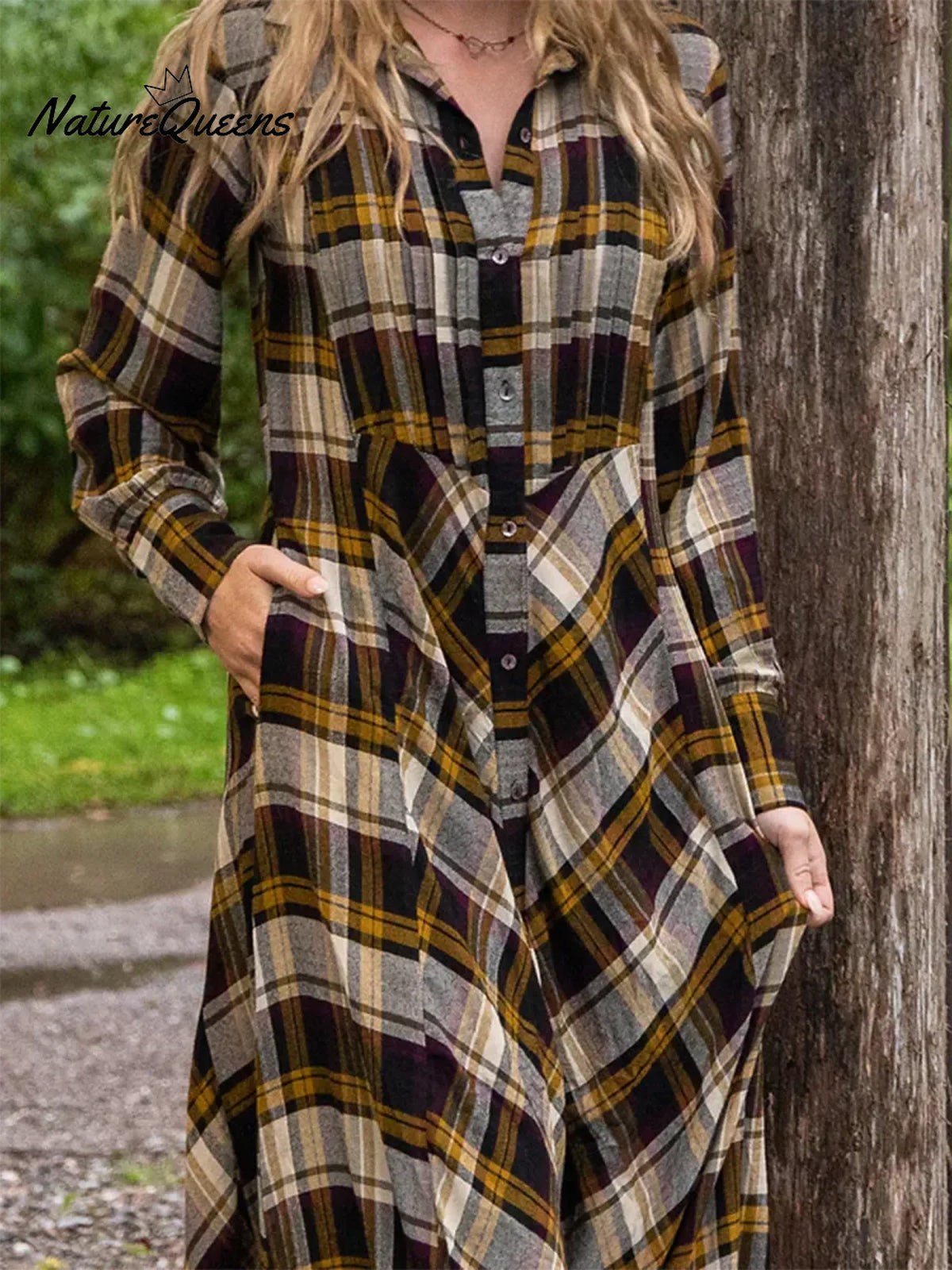 Comfortable Plaid Pleated Patchwork Shirt Dress