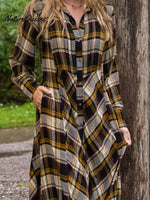 Comfortable Plaid Pleated Patchwork Shirt Dress