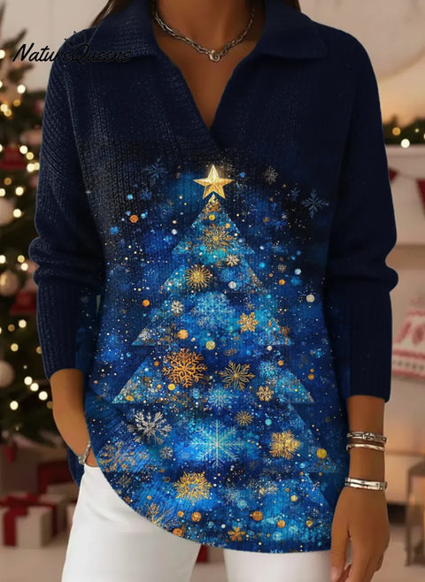 Women's Christmas Tree Pattern Art Print Casual Cotton Sweater