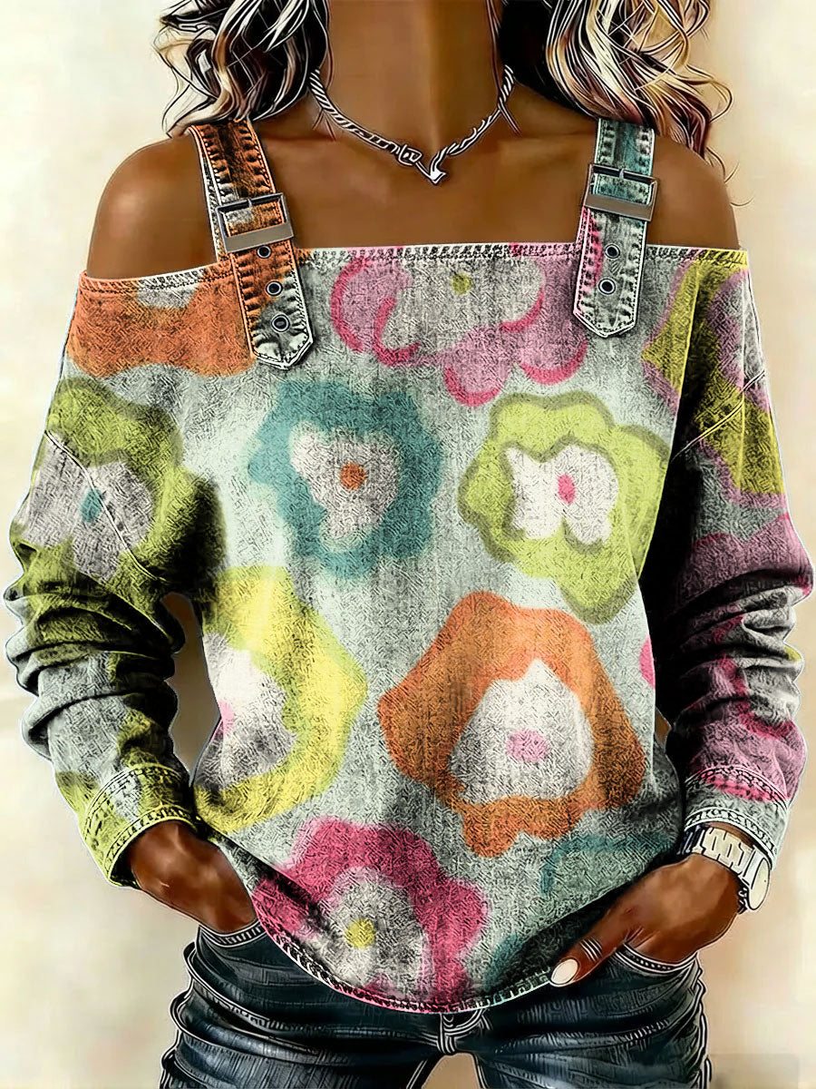 Women‘s Vintage Flowers Pattern Art Print Casual Cotton Denim Shirt