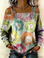 Women‘s Vintage Flowers Pattern Art Print Casual Cotton Denim Shirt