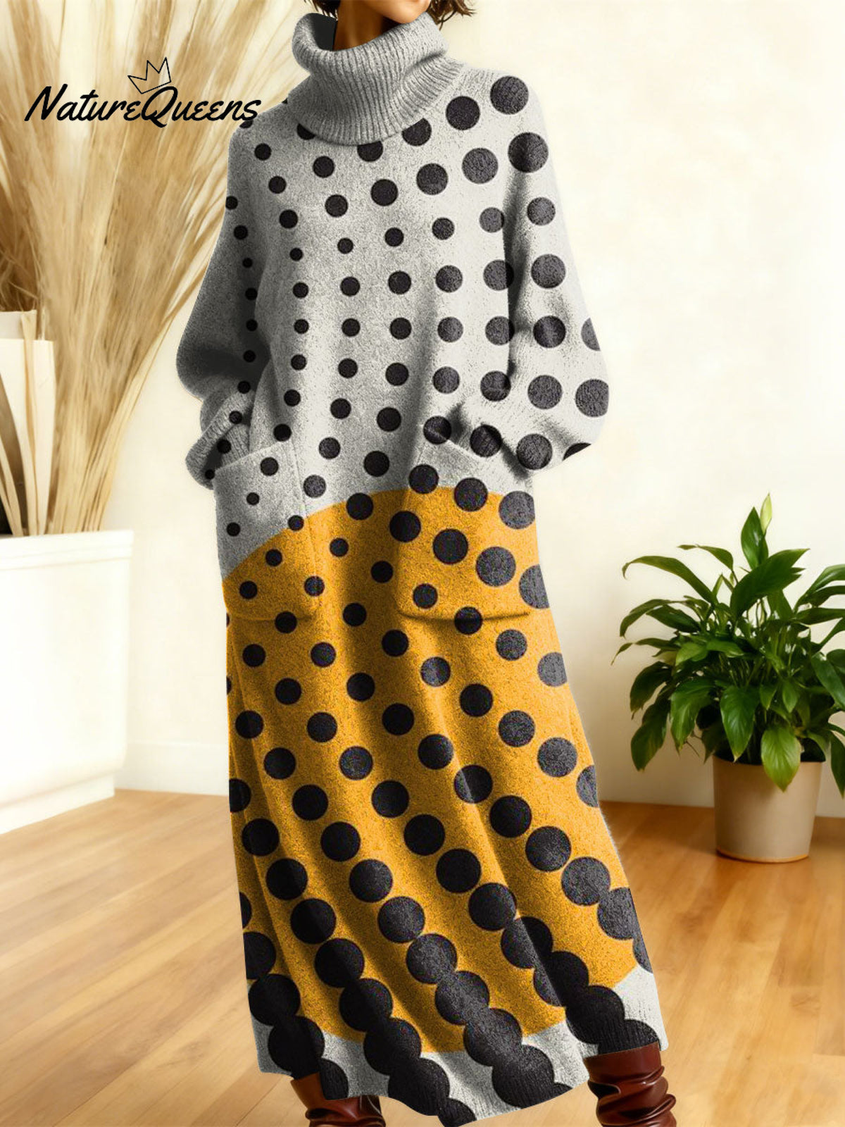 Women's Retro Abstract Geometric Colorful Splicing Patterns Art High-neck Long-sleeve Casual Loose Knit Dress