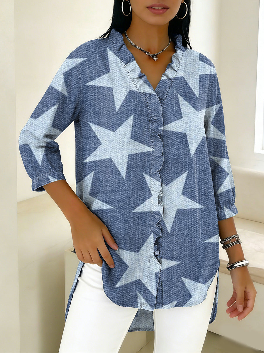 Denim Star-shaped Decorative Patterns Women's Casual V Collar Shirt