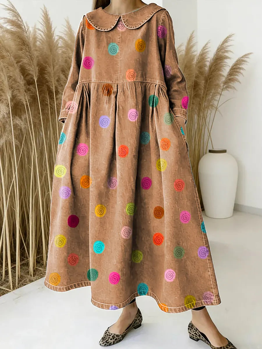Women Abstract Dot Pattern Art Print Casual Denim Dress
