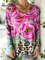 Women's Lovely Floral Flowers Pattern Art Print V-neck Casual Cotton T-shirt