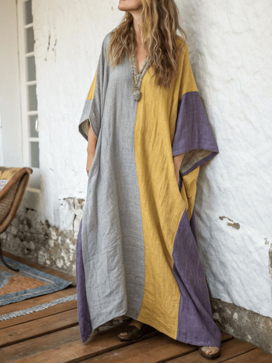 Women's Geometric Patchwork V-neck Casual Cotton And Linen Dress