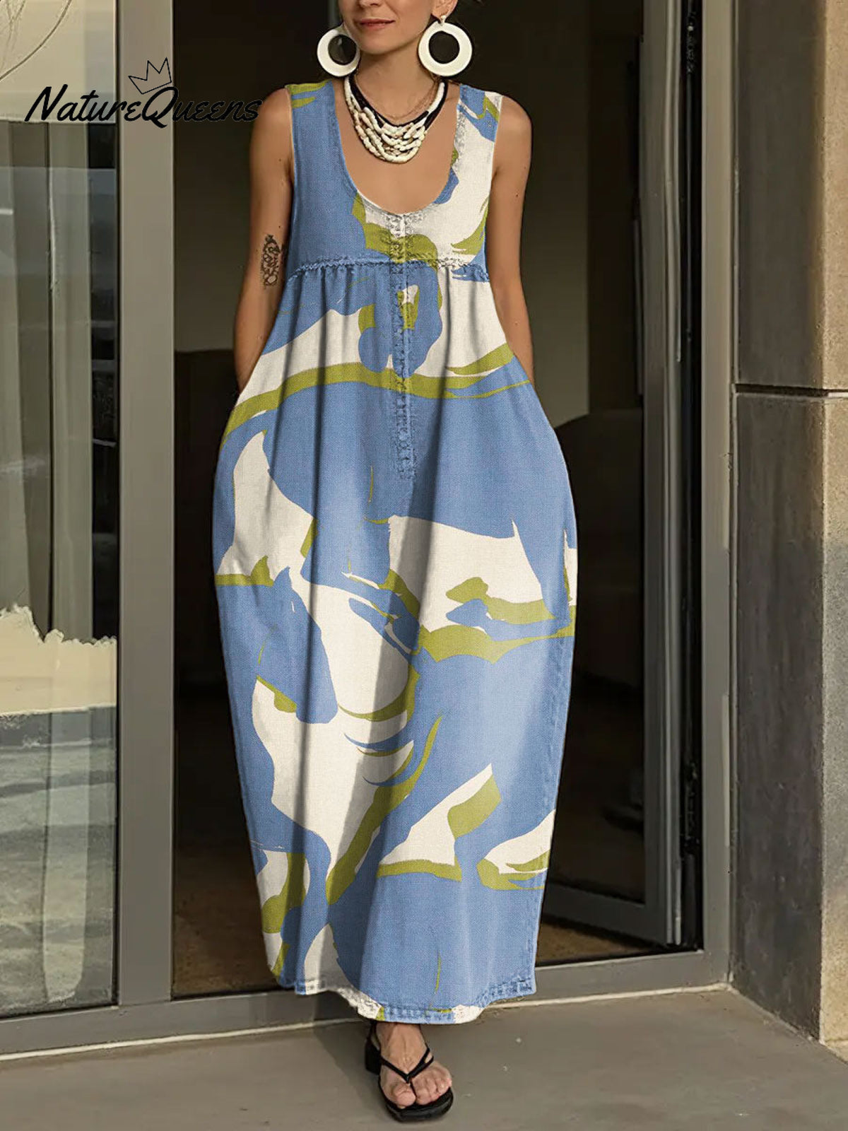 Women's Simple Flowers Pattern Art Print Casual Cotton Denim Dress