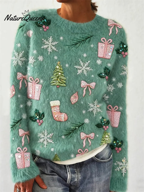 Women's Christmas Tree Pattern Art Print Casual Cotton Sweater