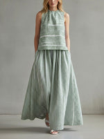 Stylish Sleeveless Linen And Cotton Striped Top And Skirt Two-piece Set