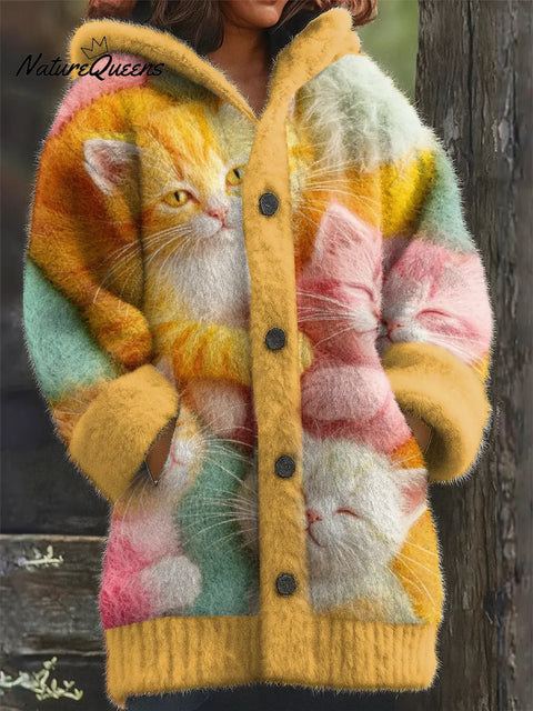 Cute Cat Printed Knit Hoodie