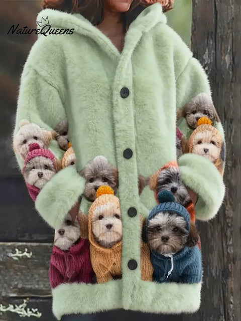 Women's Funny Dogs Pattern Art Print Casual Fleece Coat