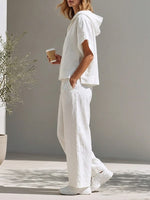 Women's Casual Simple Style Hoodie And Wide-leg Pants Cotton-linen Set