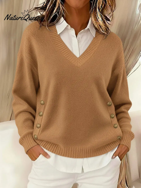 Women's Comfortable V-neck Metal Buckle Pullover Knit Sweater