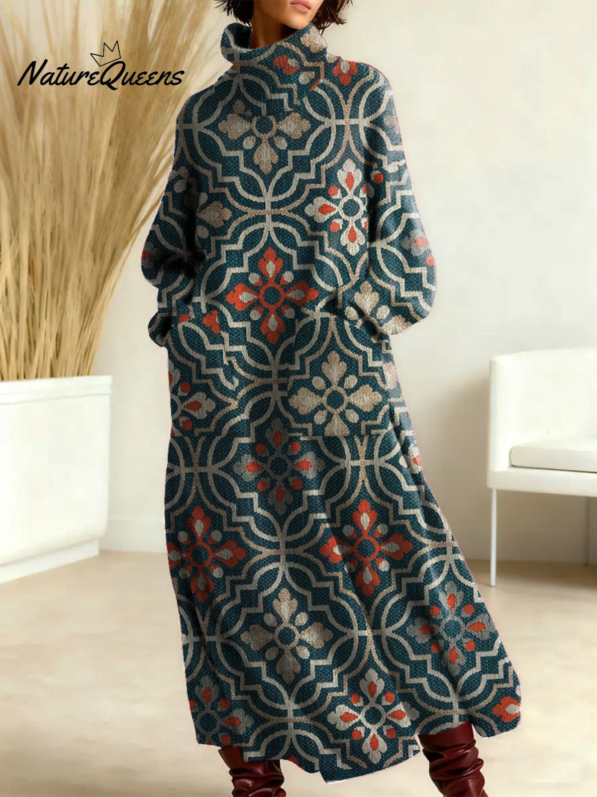 Women's Vintage Symmetrical Flowers Pattern Art Print Casual Cotton Knitted Dress