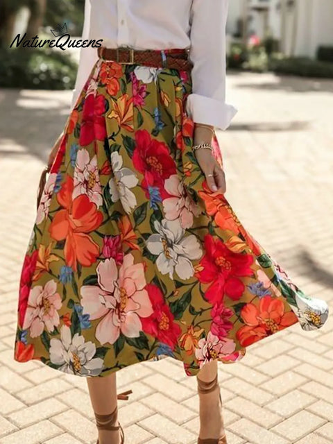 Women's Retro Floral High-Waisted Casual Loose A-Line Skirt