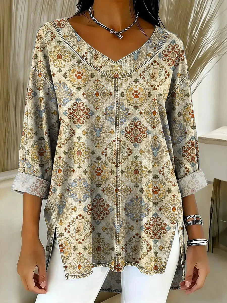 Women's Vintage Pattern Art Print Casual Denim Shirt