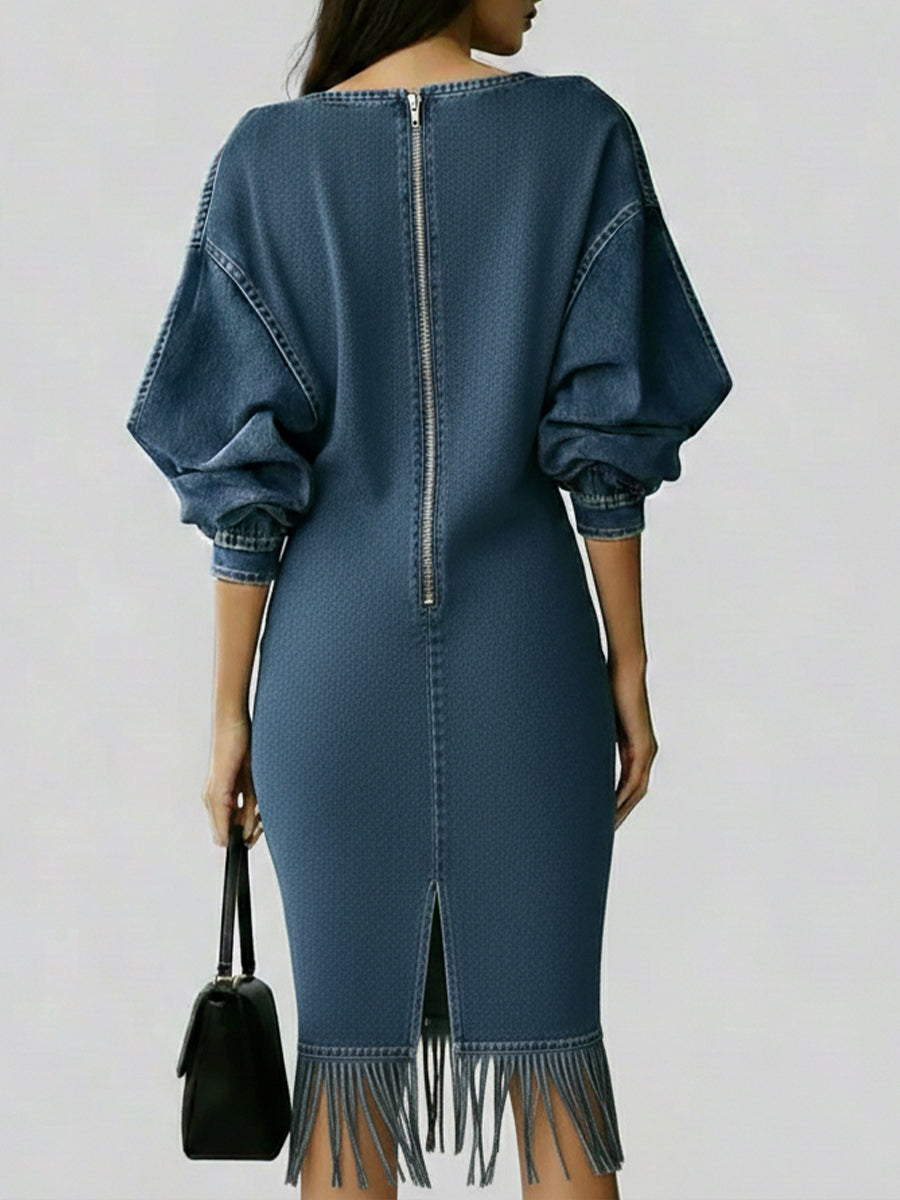 Casual Denim Dress With Tassels