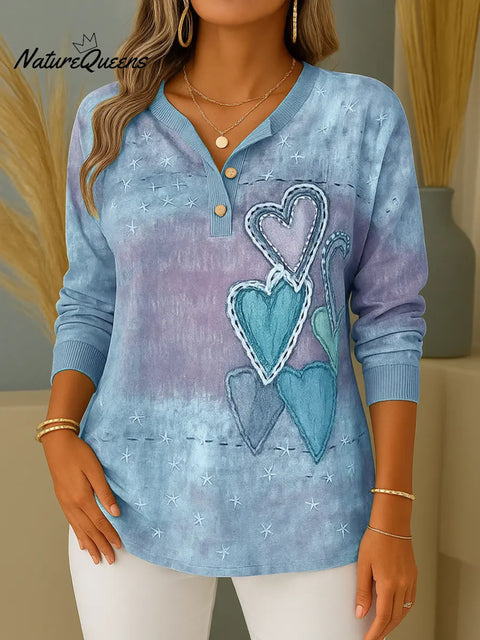 Women's Retro Heart Print V-Neck Long Sleeve Casual Loose Top