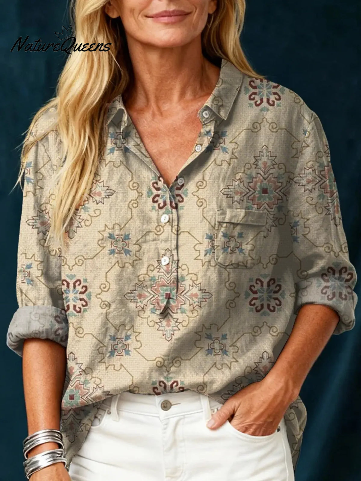 Women's Vintage FlowerArt Print Casual Cotton And Linen Shirt