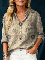 Women's Vintage FlowerArt Print Casual Cotton And Linen Shirt
