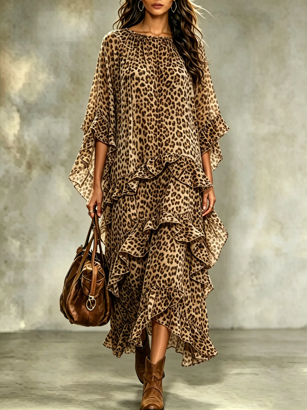 Women's Leopard Print Maxi Dress with Layered Ruffles and Loose Batwing Sleeves