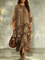Women's Leopard Print Maxi Dress with Layered Ruffles and Loose Batwing Sleeves