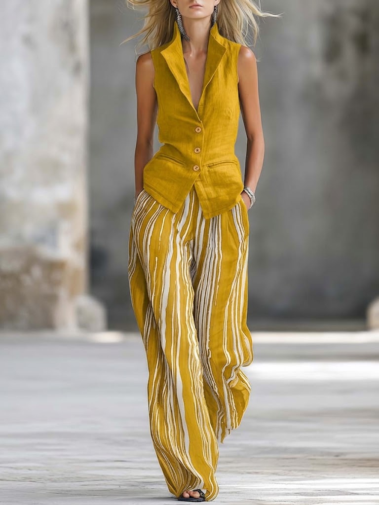 Casual Linen And Cotton Sleeveless Vest And Striped Trousers Two-piece Set