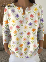Women's Colorful Little Flowers Casual Printed Sweater