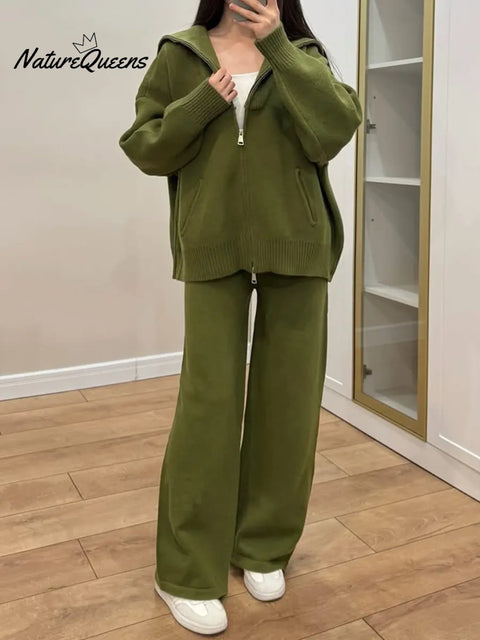 Women's Solid Color Long-Sleeved Casual Loose Hooded Top and Elastic Waist Wide-Leg Pants Set