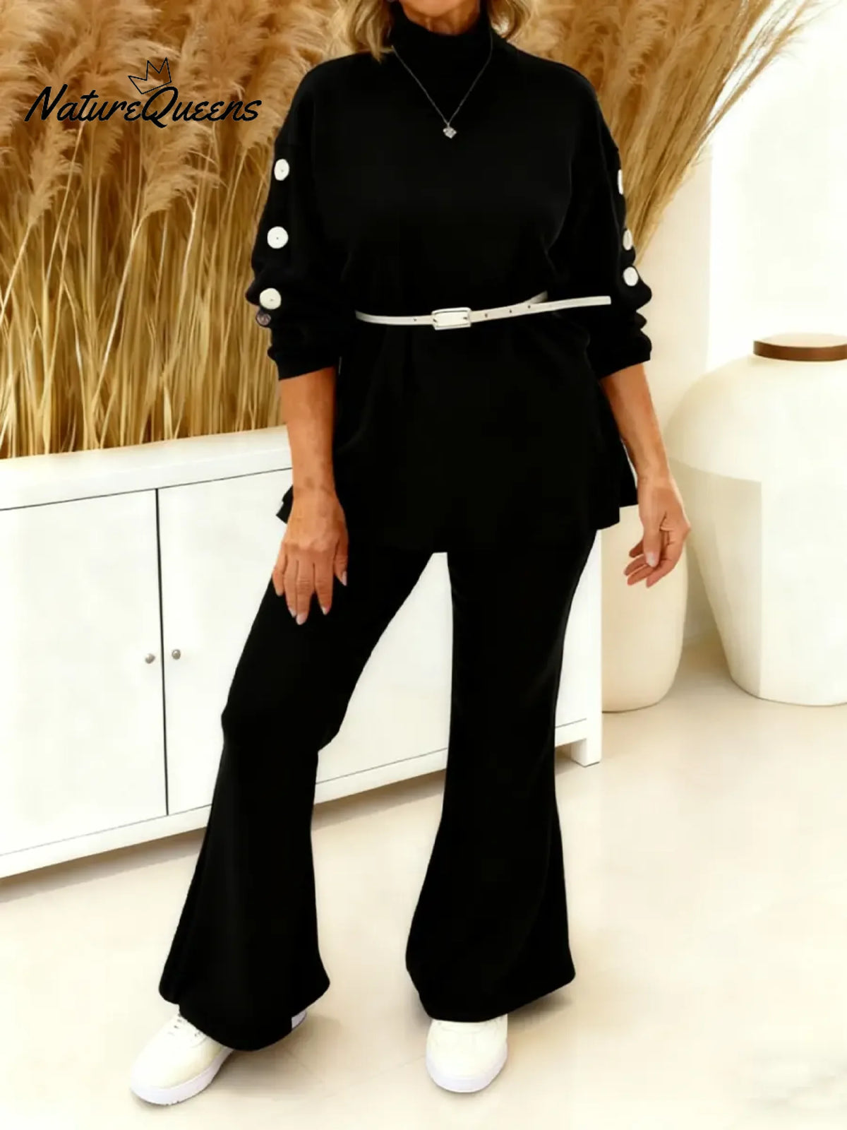 Women's Solid Color High-neck Long-sleeve Casual Loose Knit Top And High-waisted Wide-leg Pants Set