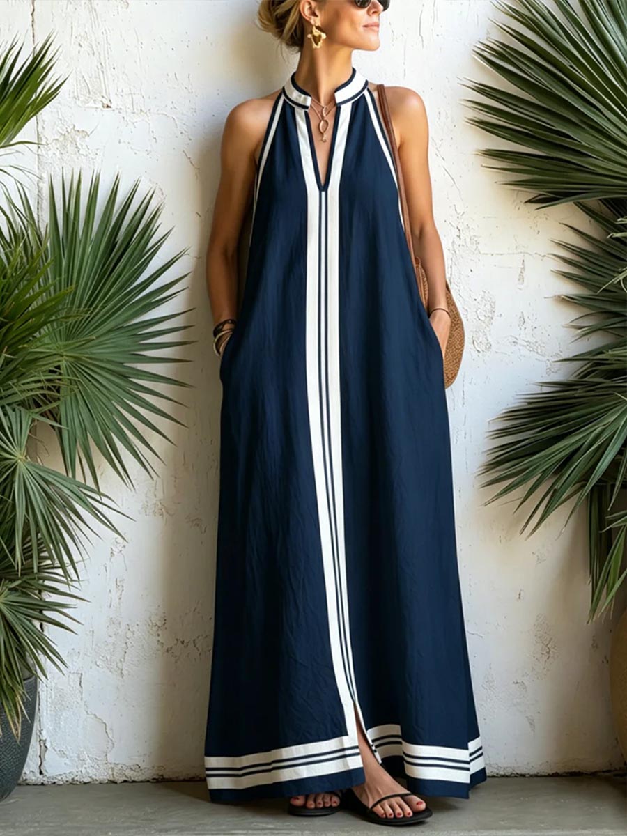 Women's Casual Loose Cotton-linen Dress — V-neck Sleeveless With Placement Print